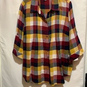 CJ BANKS PLAID BLOUSE:PIN TUCK FRONT RO TAB SLEEVES:MUSTARD/NAVY/REDS COT SZ 1X